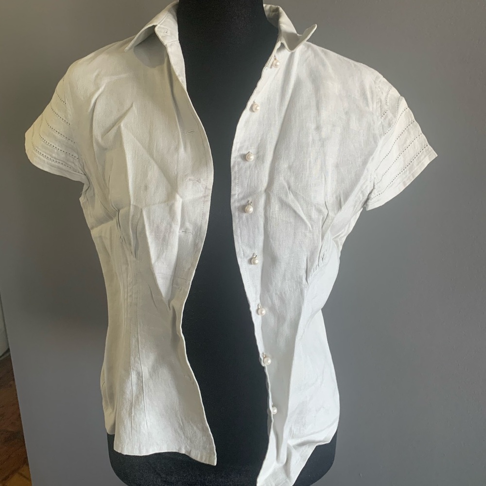 100% Linen Top, Short Sleeve, Pearl Buttons, Sz XS